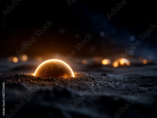 Glowing orbs on dark surface create mysterious atmosphere, evoking interplanetary exploration