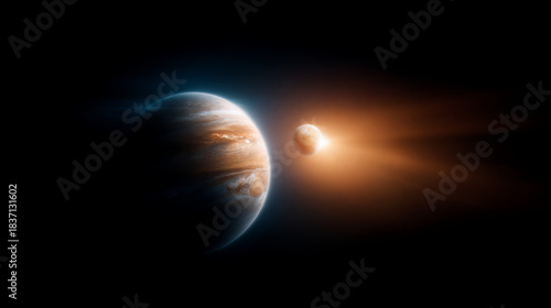 Stunning view of Jupiter and its moon, showcasing vibrant colors and cosmic beauty