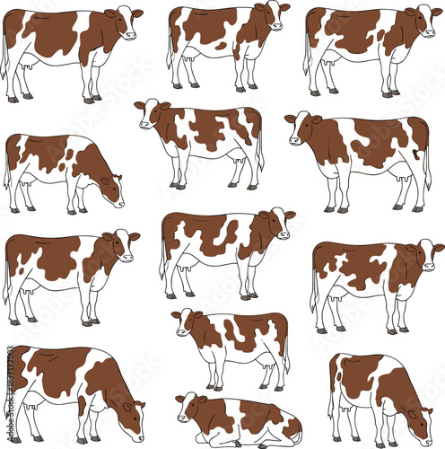 Large Vector Set of Brown and White Spotted Cows in Various Poses, Including Grazing and Lying, Ideal for Dairy Farming, Agriculture, and Livestock Graphics.