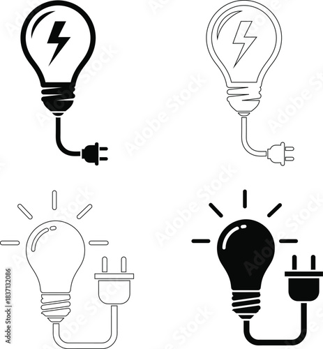 Electric Light Bulb with Plug Vector Icons – Power Energy and Innovation Symbols