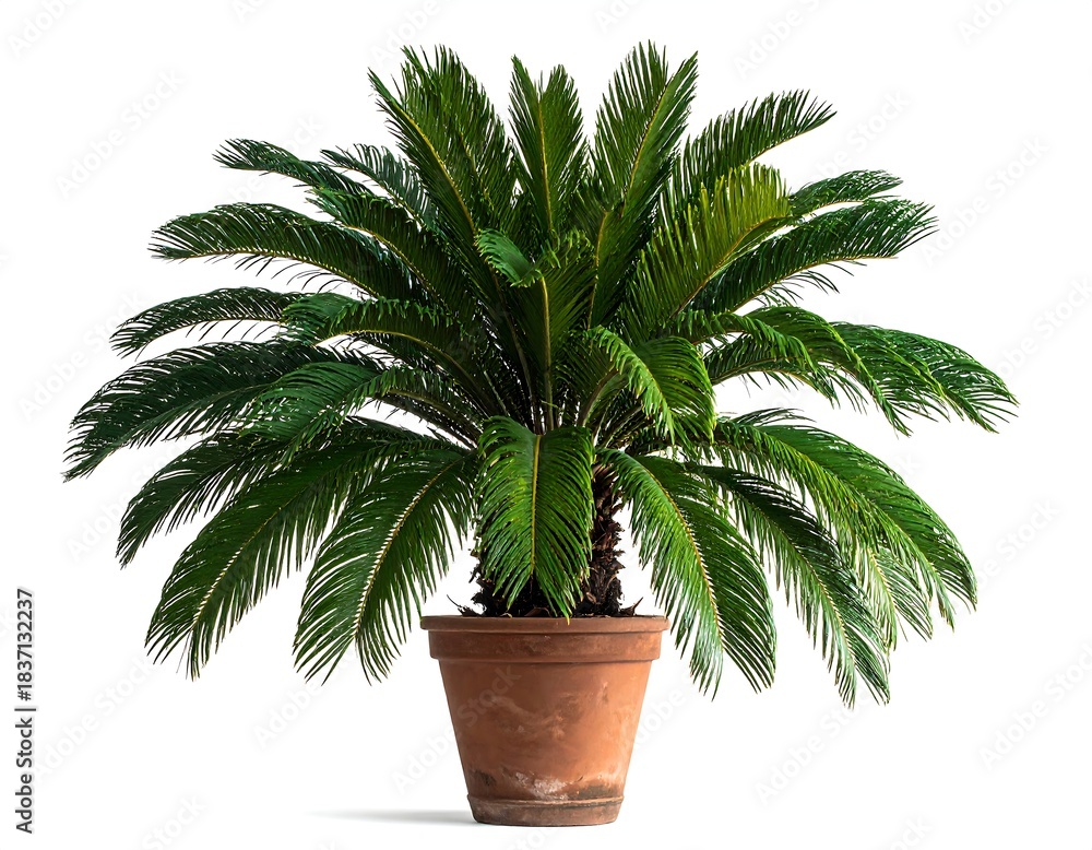 Obraz premium Sago Palm in Terracotta Pot - A Tropical Indoor Plant.