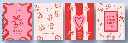 Creative concept of Happy Valentines Day cards in trendy hand drawn doodle style with frames, sweet hearts, cherries, bows and love letters. Template for ads, branding, banner, cover, label, poster.