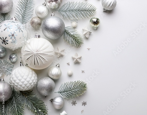Top view of of silver christmas glass decorations on white background with copy space