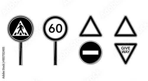 Collection of various road signs displayed in a monochrome urban street scene.