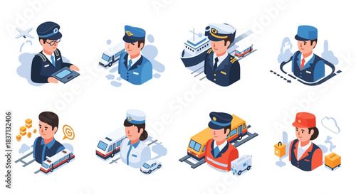 Collection of cartoon police officers in uniform performing various duties and poses.