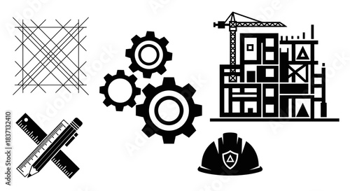 Construction site with building under development, crane, gears, and safety helmet on site.
