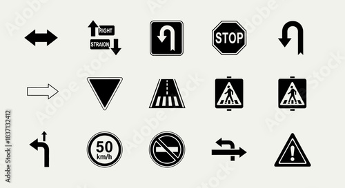 Collection of assorted road signs and traffic symbols illustrating directions, warnings, and regulations.