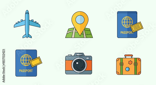 Travel icons set featuring airplane, map pin, passport, camera, and luggage symbols for adventures and exploration.