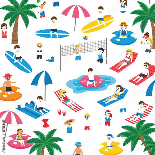 Seamless Flat Design Vector Pattern of People Enjoying Beach Activities, Including Swimming, Volleyball, Sunbathing, and Surfing, Ideal for Summer Backgrounds and Prints.