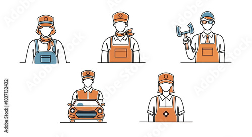 Group of Industrial Workers in Aprons with Helmets Demonstrating Manual Labor.