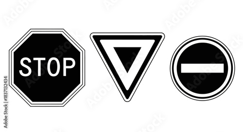Collection of traffic signs featuring a stop sign, a yield sign, and a no entry circle.