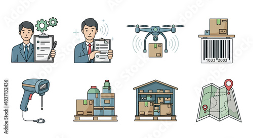 Icons depicting modern logistics operations, including inventory management, drone delivery, barcode scanning, and warehouse storage.