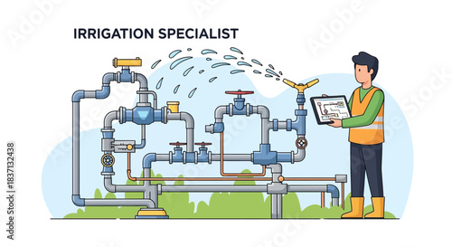 Irrigation Specialist Oversees a Complex Agricultural System of Pipes, Valves, and Sprinklers.
