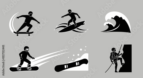 Group of silhouetted water sports athletes performing windsurfing, surfing, and paddleboarding at the coast.
