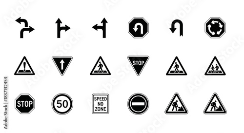 A comprehensive collection of black and white road signs and traffic symbols, including directional arrows, warning triangles, and regulatory octagons and circles.