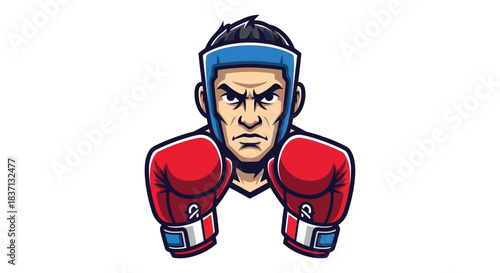 Cartoon Boxer in Red and Blue Gloves Ready for Action.