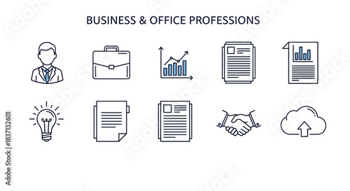 Set of business and office profession icons depicting teamwork, planning, and corporate tasks for corporate imagery.
