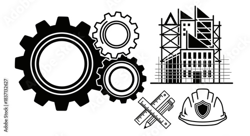 Industrial gears and construction site elements illustrating manufacturing and building industry processes.