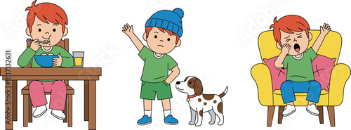 Cartoon Red-Haired Child in Daily Activities Like Eating, Feeling Upset, and Yawning – Cute Emotional Character Illustration