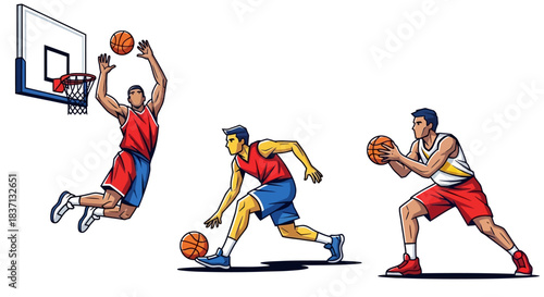 Dynamic action scene of basketball players in motion on the court.