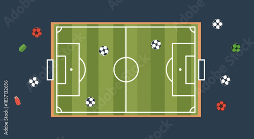 A top-down view of a green soccer field with white markings, goals, and multiple soccer balls, surrounded by training markers.