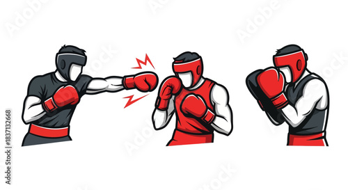 Three Boxers in Red and Black Square Off in Intense Boxing Action.