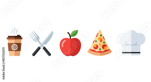 Assorted food and dining symbols featuring coffee, utensils, apple, pizza, and a chef hat in a simple collage.
