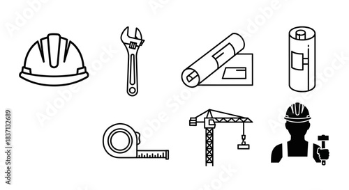 Diverse construction tools and worker silhouettes illustrating a construction site with safety gear and industrial equipment.