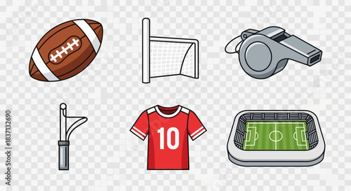 Collection of sports equipment and accessories including a football, goal, whistle, jersey, and stadium.