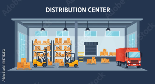 Distribution center interior with forklifts, racks of boxes, and a delivery truck at a loading dock.