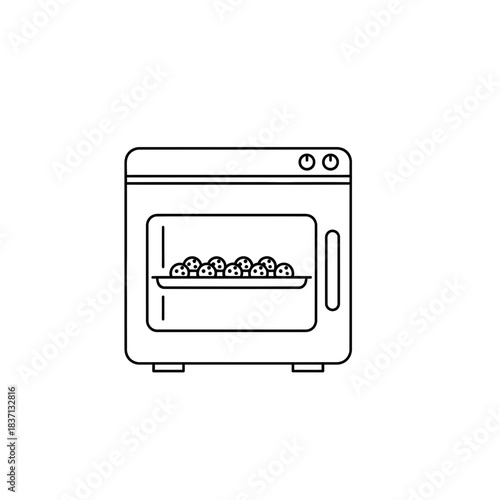 Simple Line Art Icon of an Oven with a Baking Tray of Cookies Inside
