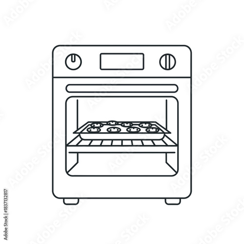 Line drawing of an oven with cookies baking on a tray