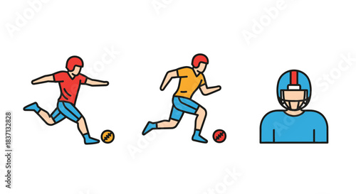 Two cartoon illustrations of football players in action and a close-up of a football helmet.