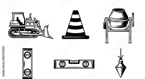 Black and white vector icons of various construction tools and equipment including a bulldozer, traffic cone, cement mixer, spirit levels, and plumb bob.