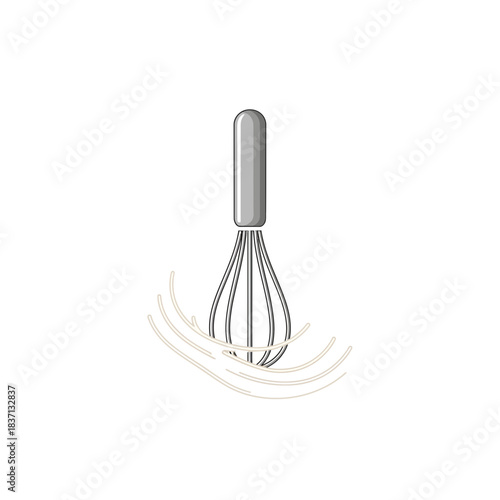 A sleek silver whisk in action, blending creamy ingredients with dynamic splashes isolated on a clean white background.