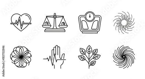 Set of line art icons depicting health, wellness, balance, and abstract concepts like harmony and nature.