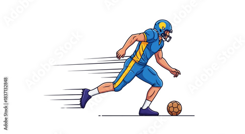 Cartoon soccer player sprinting with ball on field in action.