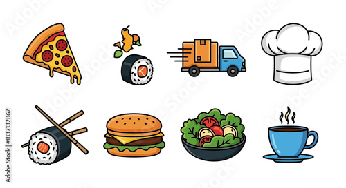 A collection of colorful food and drink icons including pizza, sushi, burger, salad, coffee, and a delivery truck, representing various culinary and service aspects.