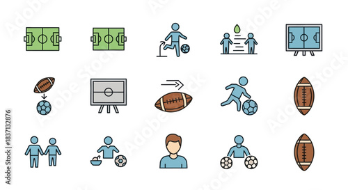 A collection of sports icons featuring football fields, players, and American footballs, representing various aspects of the game.