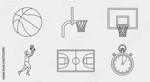 Line art icons of basketball equipment, court, player, and stopwatch for sports design.