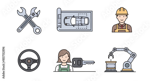 A collection of six colorful line icons representing various aspects of automotive, engineering, and industrial work.