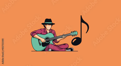 An illustration of a person wearing a hat and shirt, sitting and playing an acoustic guitar, with a large musical note beside them on an orange background.