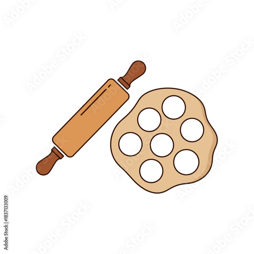 Rolling pin and cut dough circles, preparing baking or pastry creations