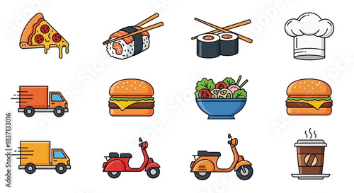 Collection of food and delivery icons featuring pizza, sushi, burgers, salad, coffee, chef's hat, delivery trucks, and scooters.