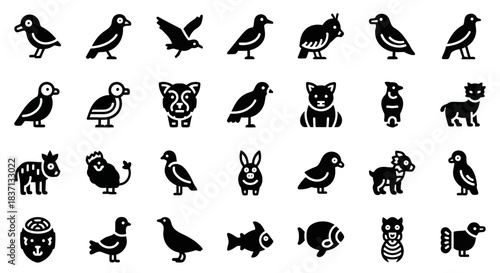 A collection of black silhouette animal icons on a white background, featuring various birds, mammals, and fish in a grid layout.