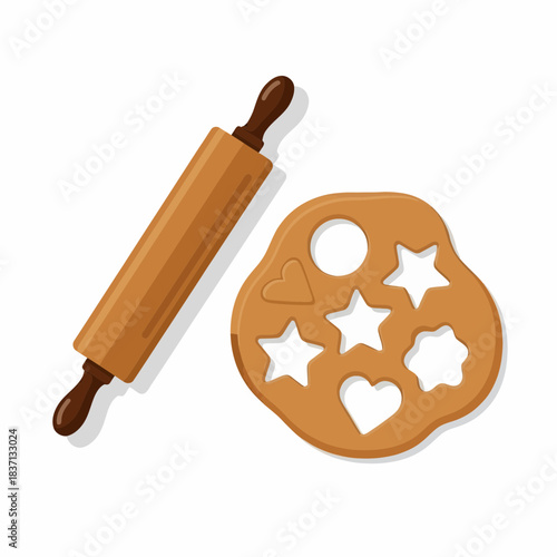 Wooden rolling pin and freshly cut cookie dough shapes isolated on white background