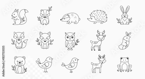 Cute black and white line art illustrations of various forest animals including squirrel, fox, bear, owl, deer, rabbit, and badger, perfect for children's designs.