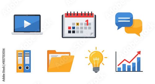 A collection of various business and productivity icons including a laptop, calendar, chat bubbles, folders, a lightbulb, and a growth chart.