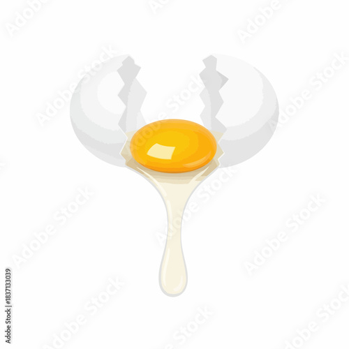 Fresh cracked egg with bright yellow yolk dripping onto a white background, perfect for culinary or breakfast themes