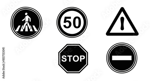 A collection of five black and white traffic signs including pedestrian crossing, speed limit 50, warning, stop, and no entry symbols.